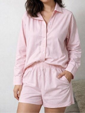 SHEIN Pink Pinstripe Button-Up  Shirt & Shorts Set